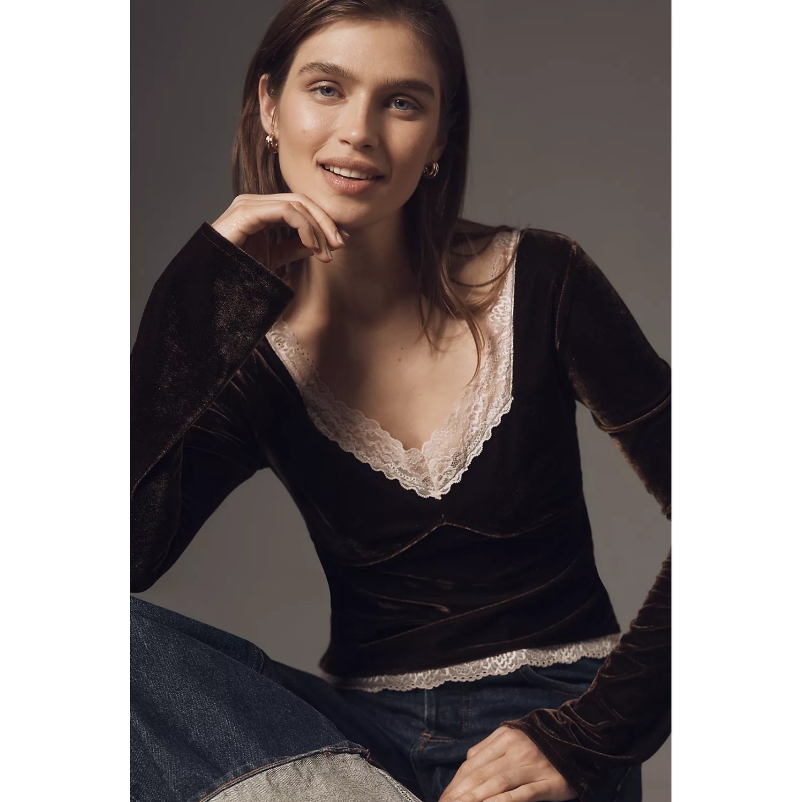 Anthropologie Velvet Lace V-Neck Top Chocolate Brown Pink Womens Size Small Y2k